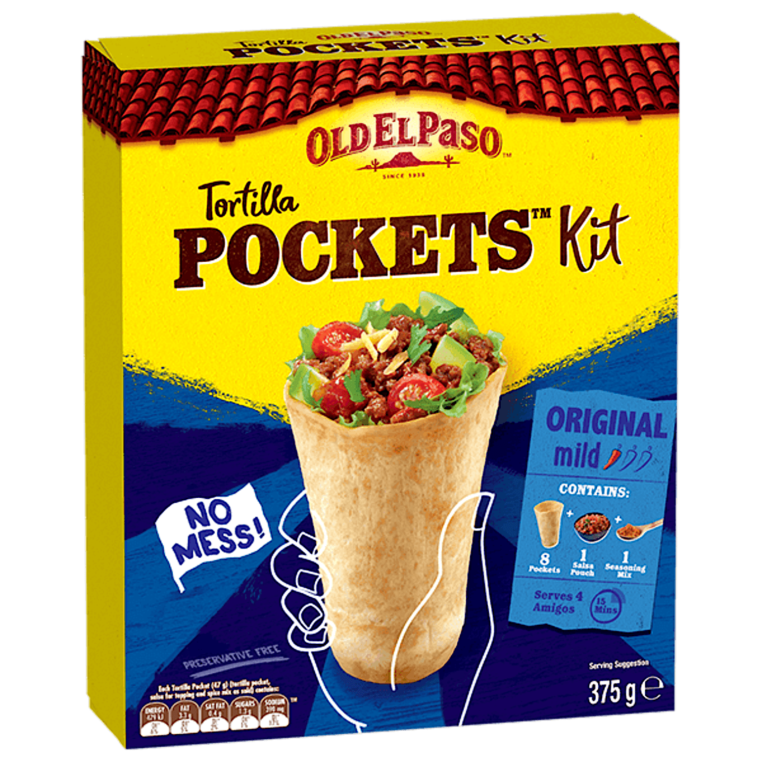a pack of Old El Paso's mild tortilla pockets kit containing tortilla pockets, salsa pouch & seasoning mix (375g)